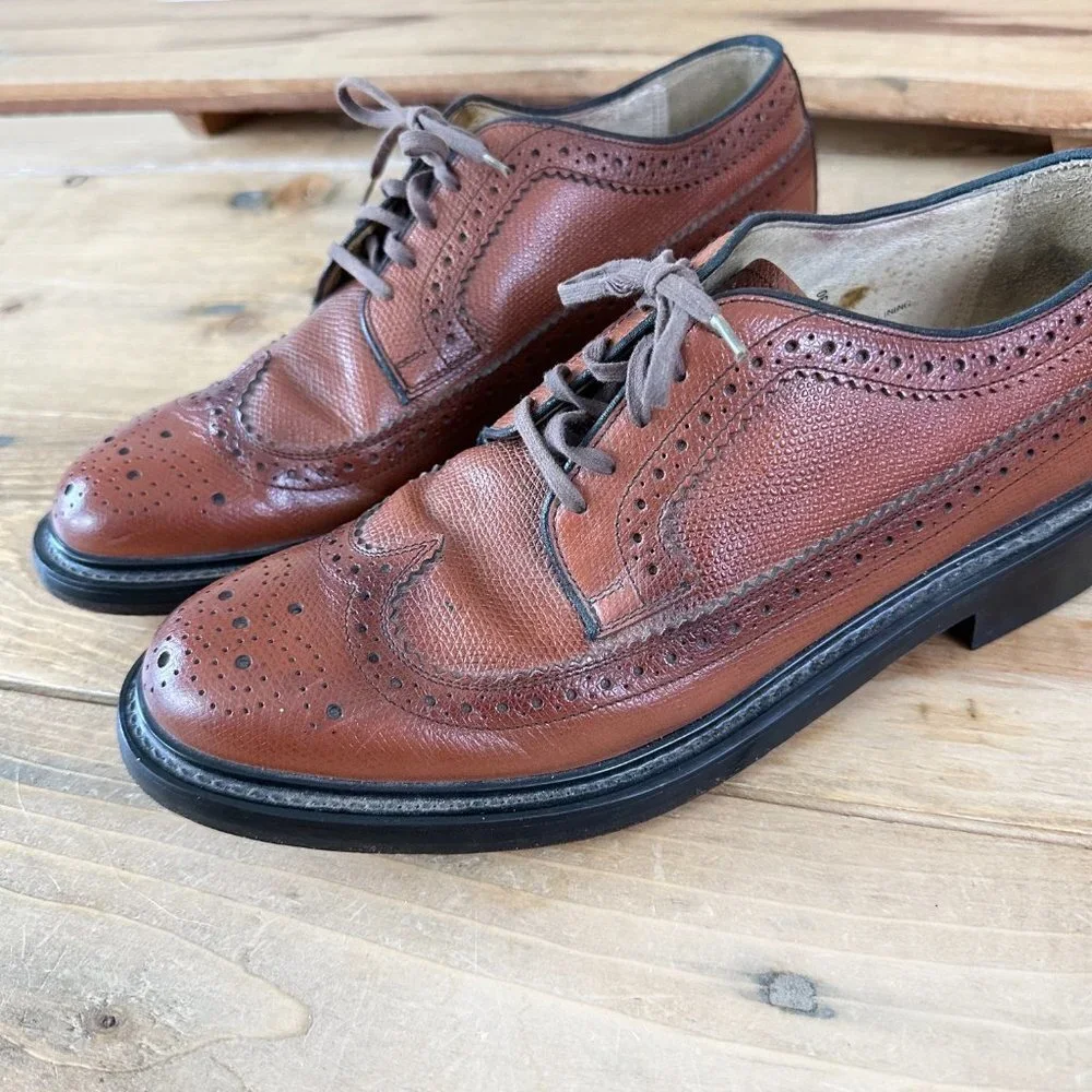 Vintage Sears Brown Leather Men's Oxfords Wing Tips Wingtips Dress Shoes Size 8D
